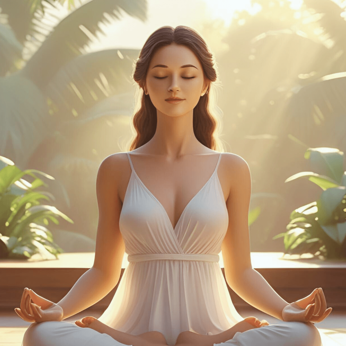 Woman meditating in soft tropical light representing the grounded energetic protection needed when spiritual gifts become overwhelming