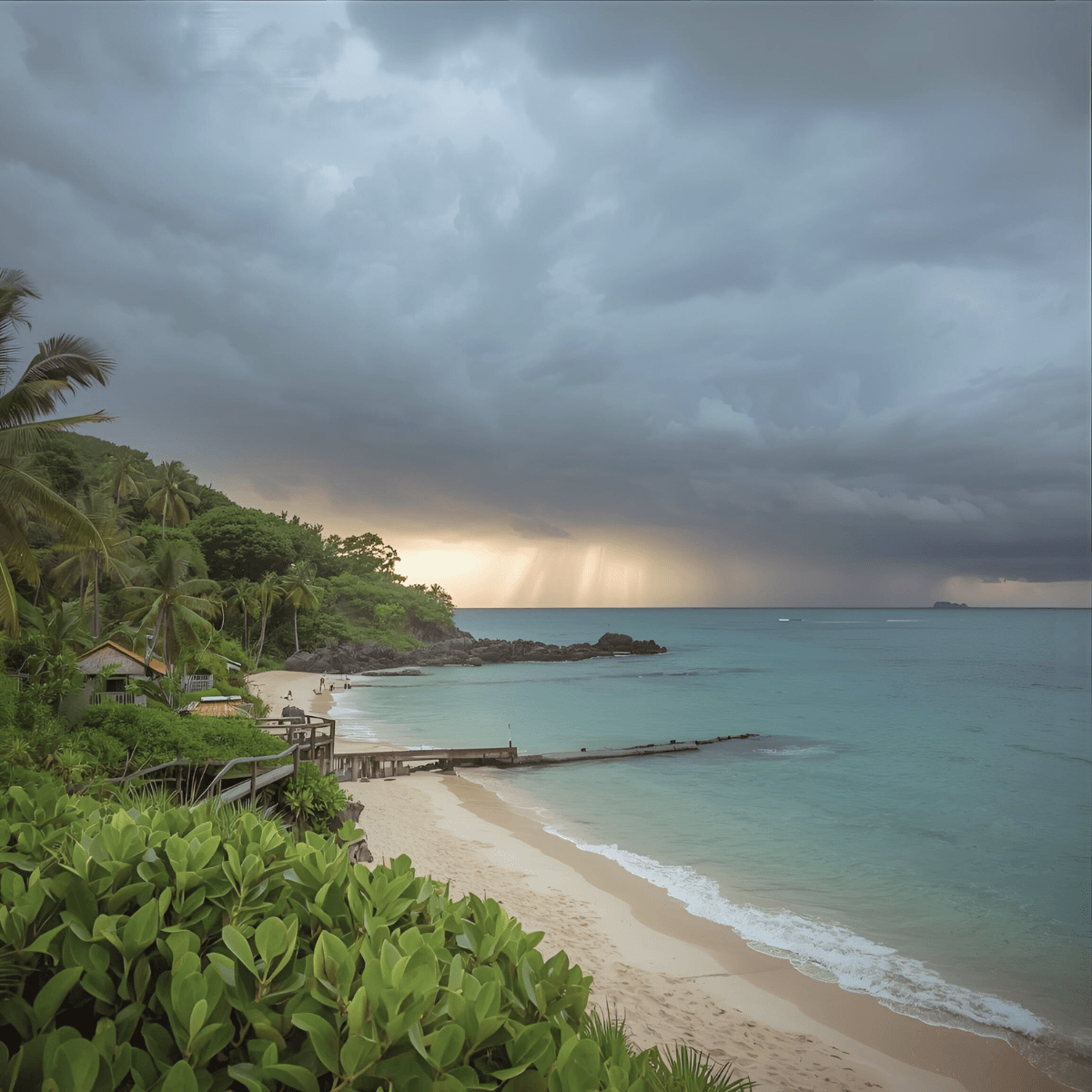 Stormy tropical beach with dock representing spiritual emergency crisis in men from success divorce and fatherhood triggers