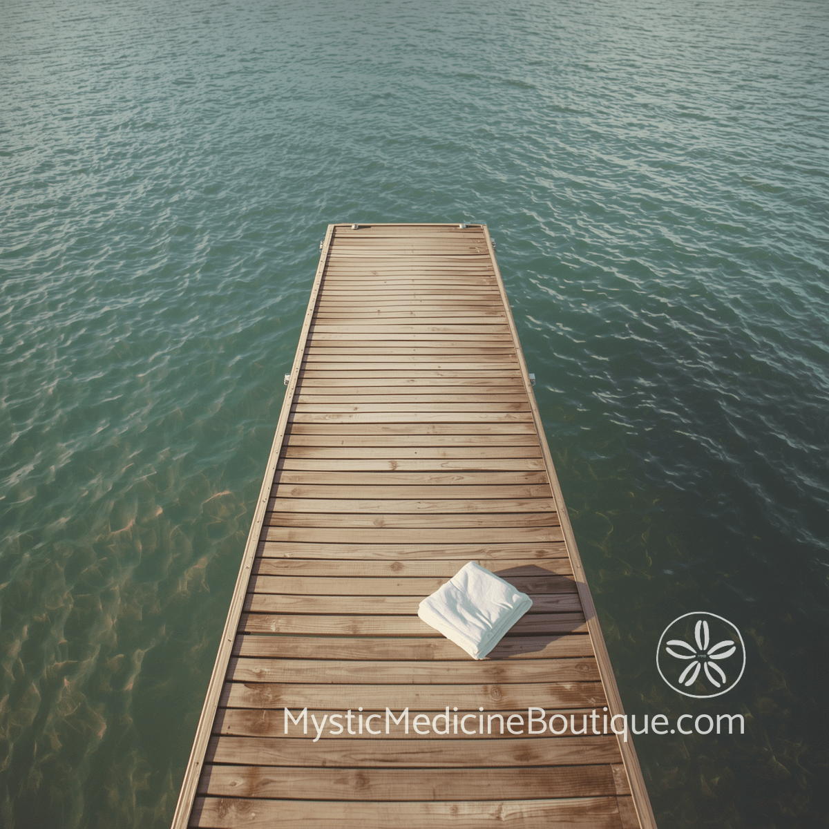 Wooden dock ending over still teal water with folded white cloth representing when to pause spiritual work during acute financial emergency