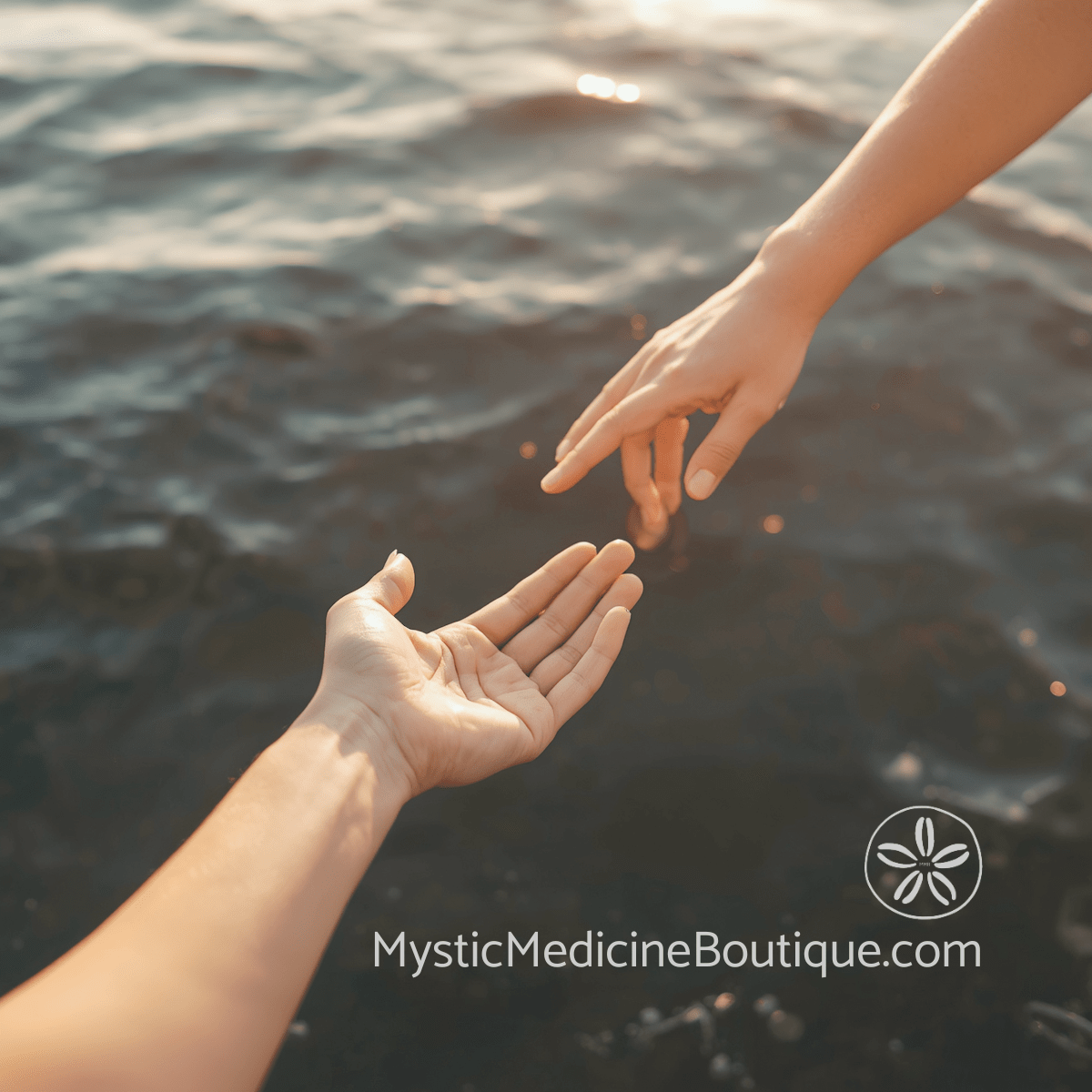 Two hands reaching toward each other over sunlit tropical ocean water — when to seek help during kundalini awakening