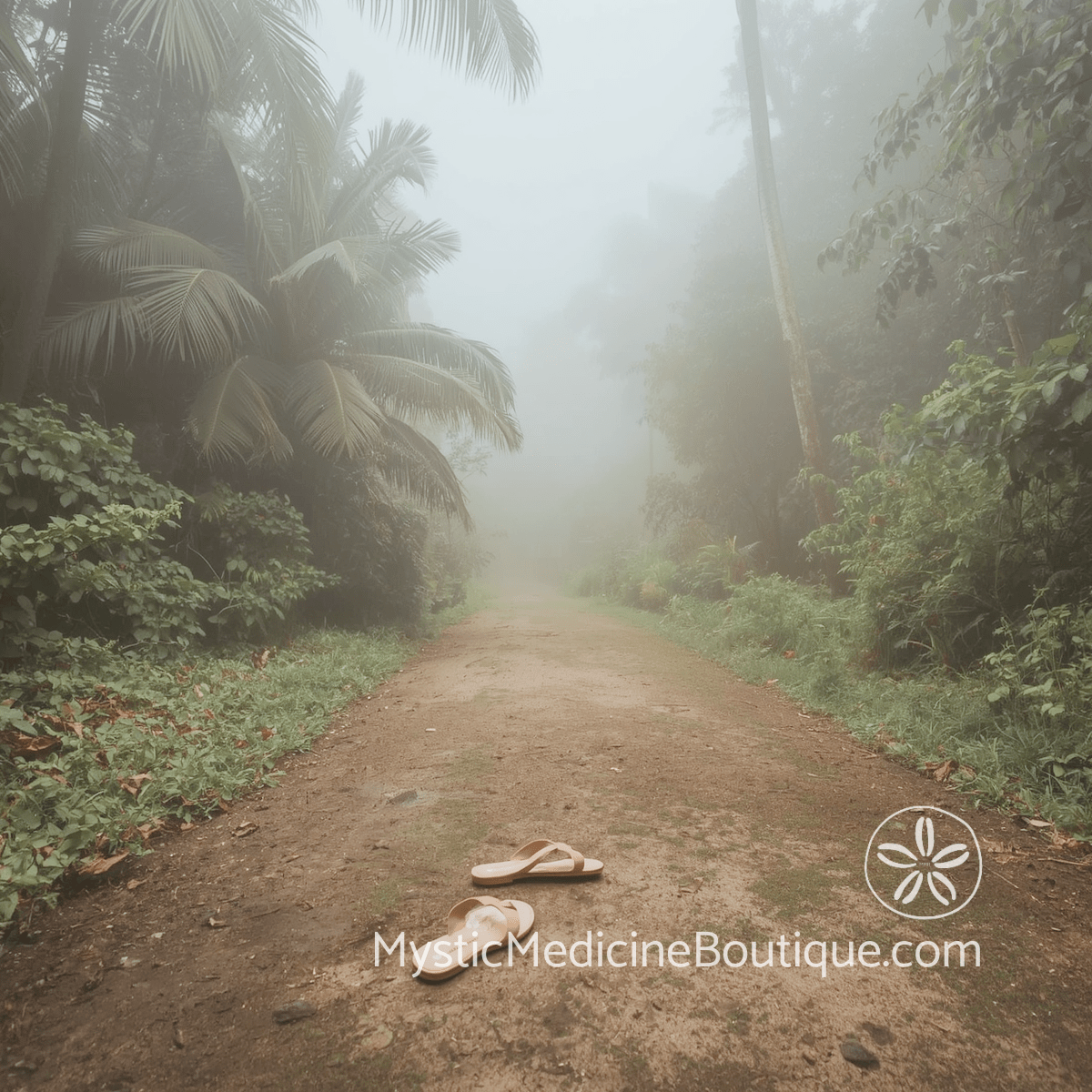 Sandals left on a misty tropical dirt path surrounded by palm trees and lush foliage, representing the deliberate choice to step back and rest as an empath needing stronger protection