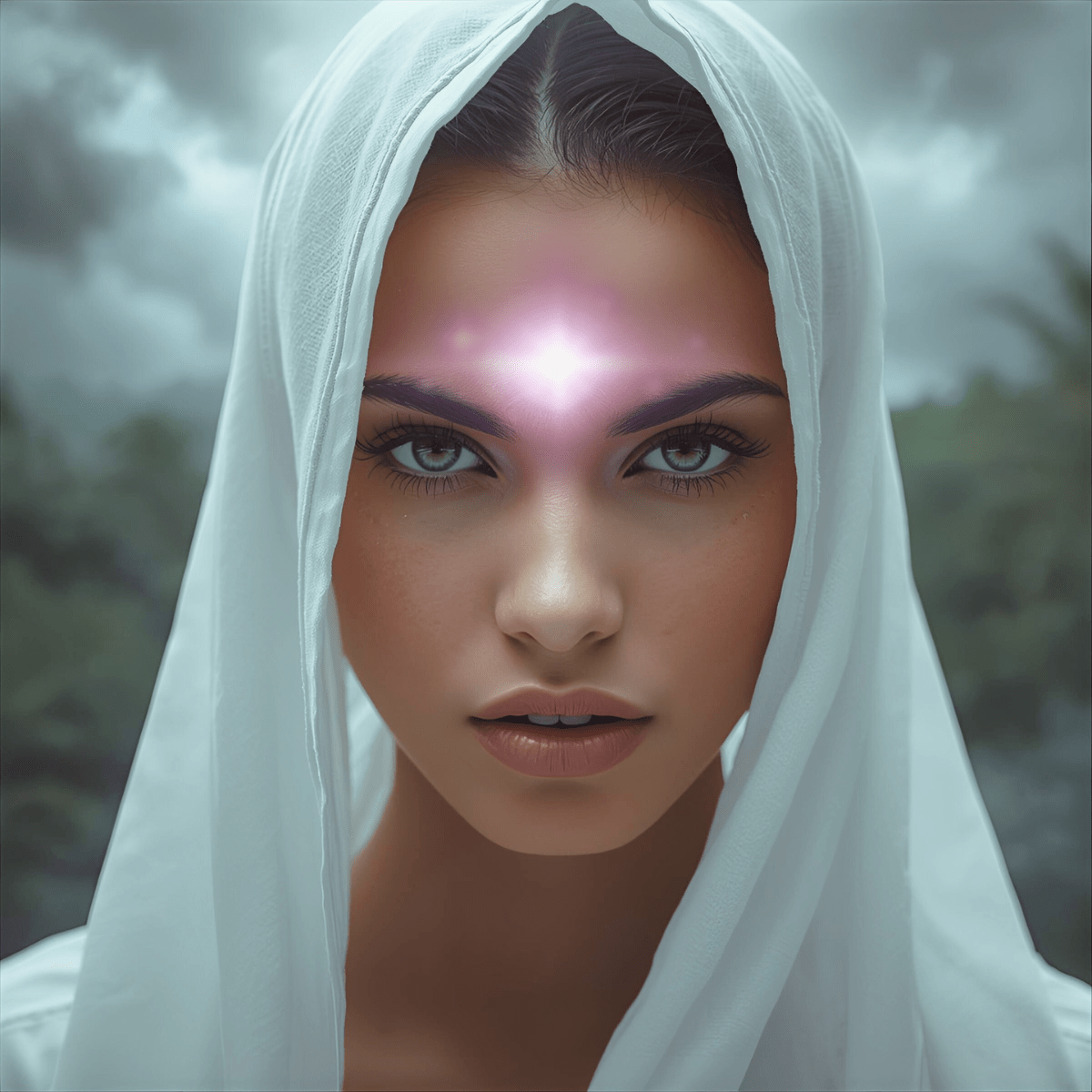 Woman with glowing third eye in white head covering representing the sudden intuitive awakening that crisis and spiritual emergency can trigger
