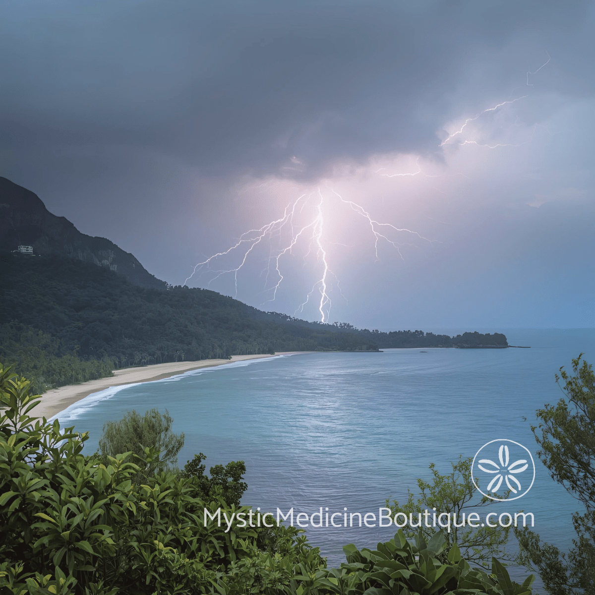 Dramatic lightning strike over forested coastal bay representing the acute shock and shattering moment when a spiritual teacher's mask falls off