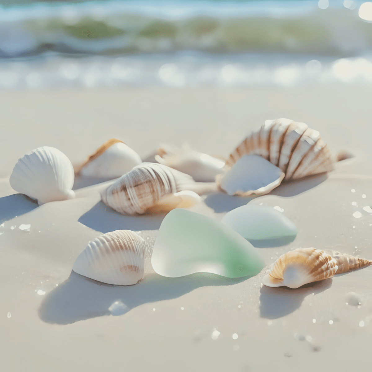 Seashells and sea glass on white tropical sand representing the fragile beauty of spiritual resilience during financial crisis spiritual distress