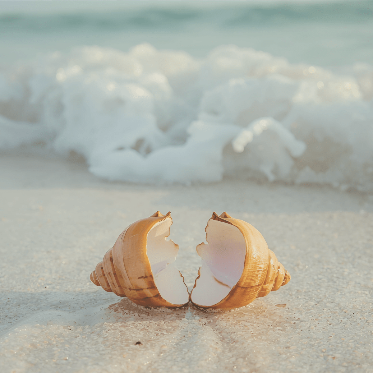 Broken conch shell on white beach sand representing the spiritual foundation collapse and identity dissolution that divorce triggers
