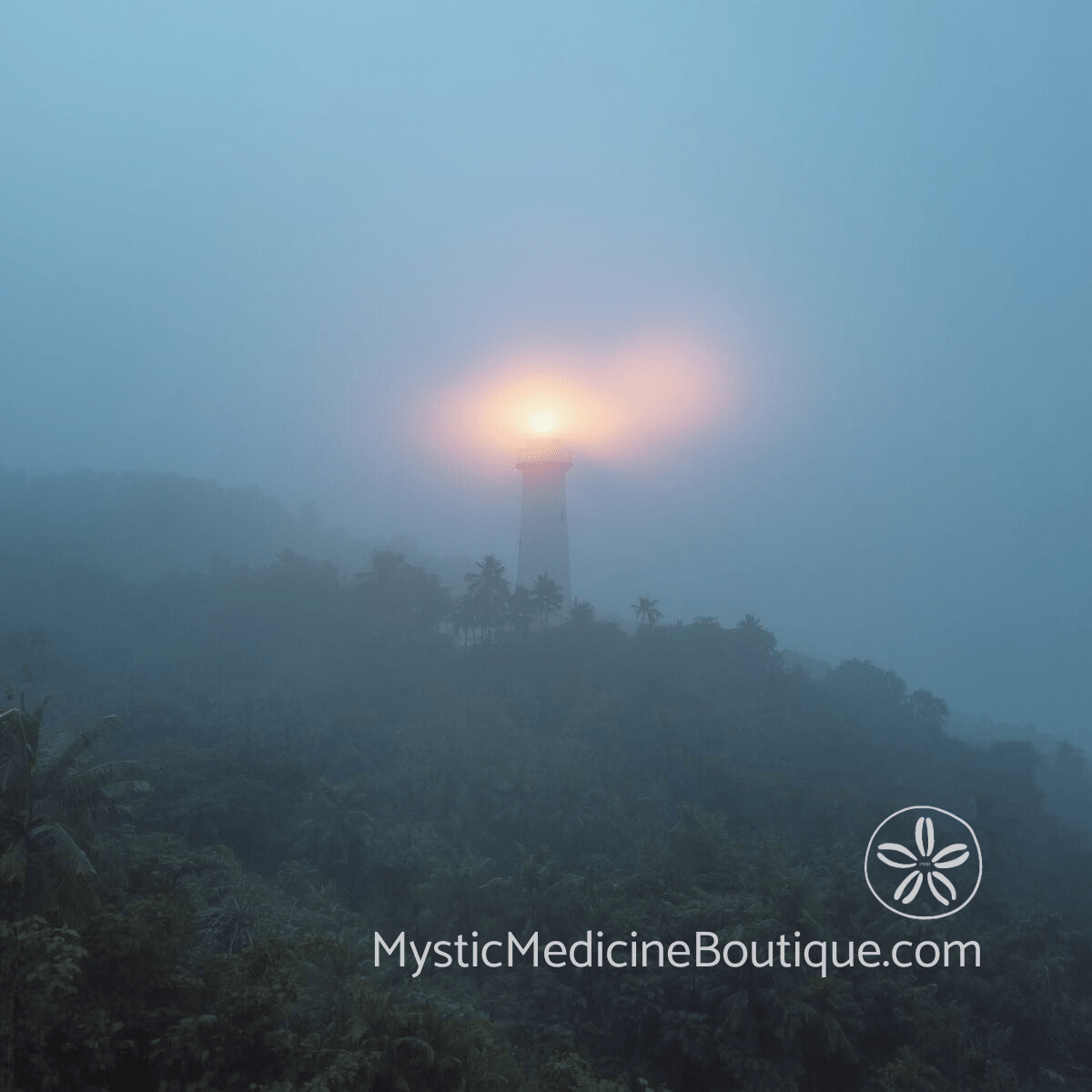 Tropical coastal lighthouse glowing through heavy fog on a misty hillside, representing why God feels distant when divine connection is broadcasting but spiritual perception is blocked