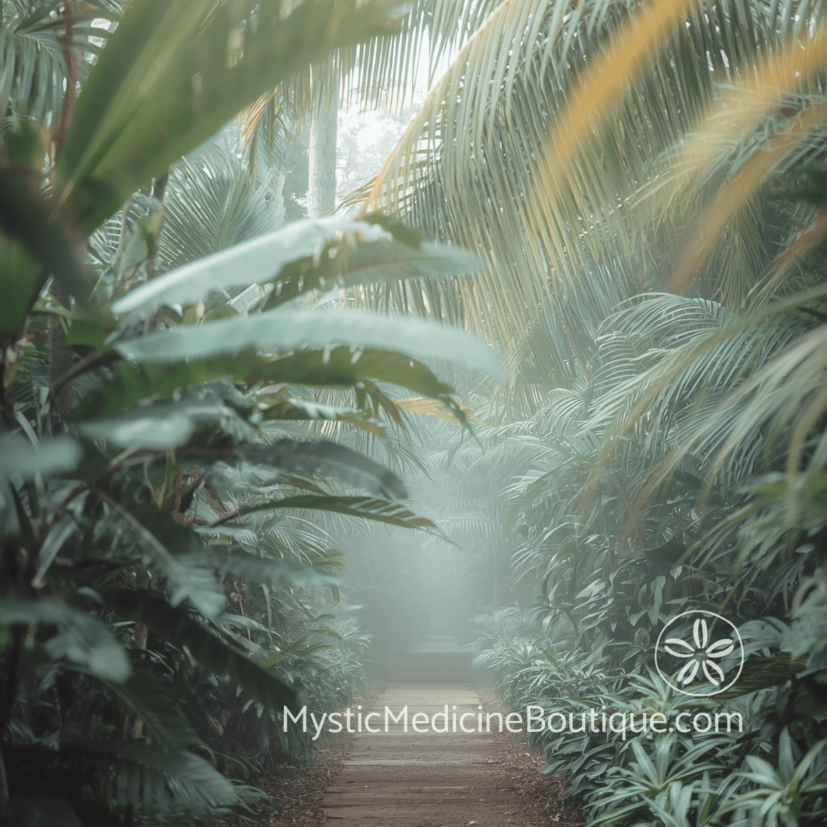 Misty tropical garden path lined with lush palm fronds and dense foliage in soft diffused light, representing the overwhelming nature of empath sensitivity