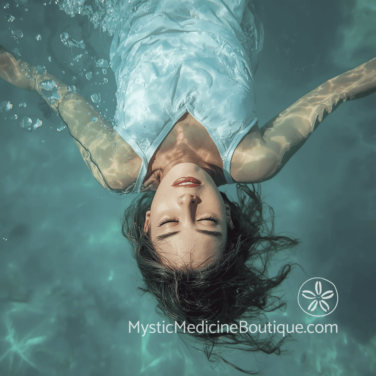 Woman in white dress floating peacefully in clear turquoise water with eyes closed — why kundalini awakening can feel like going crazy