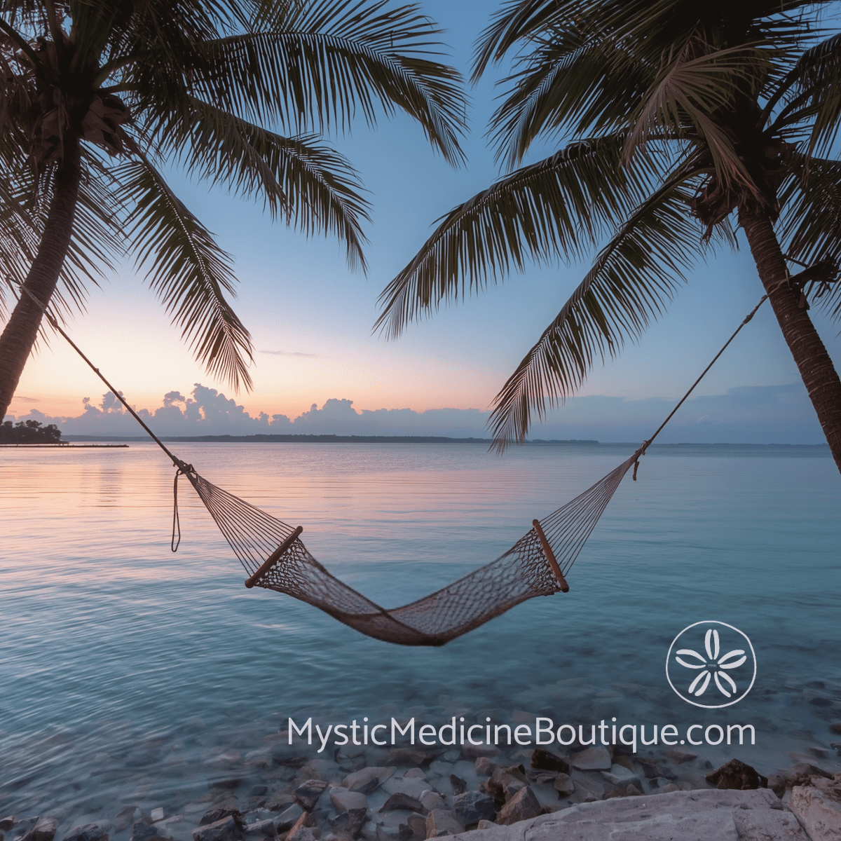 Empty hammock strung between two palm trees over still turquoise water at tropical sunset — kundalini awakening sleep disturbances and fatigue