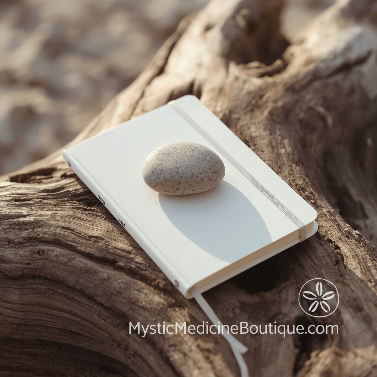 Closed white journal with a smooth grounding stone resting on top placed on weathered coastal driftwood, representing when it is time to pause shadow work and protect yourself from retraumatization