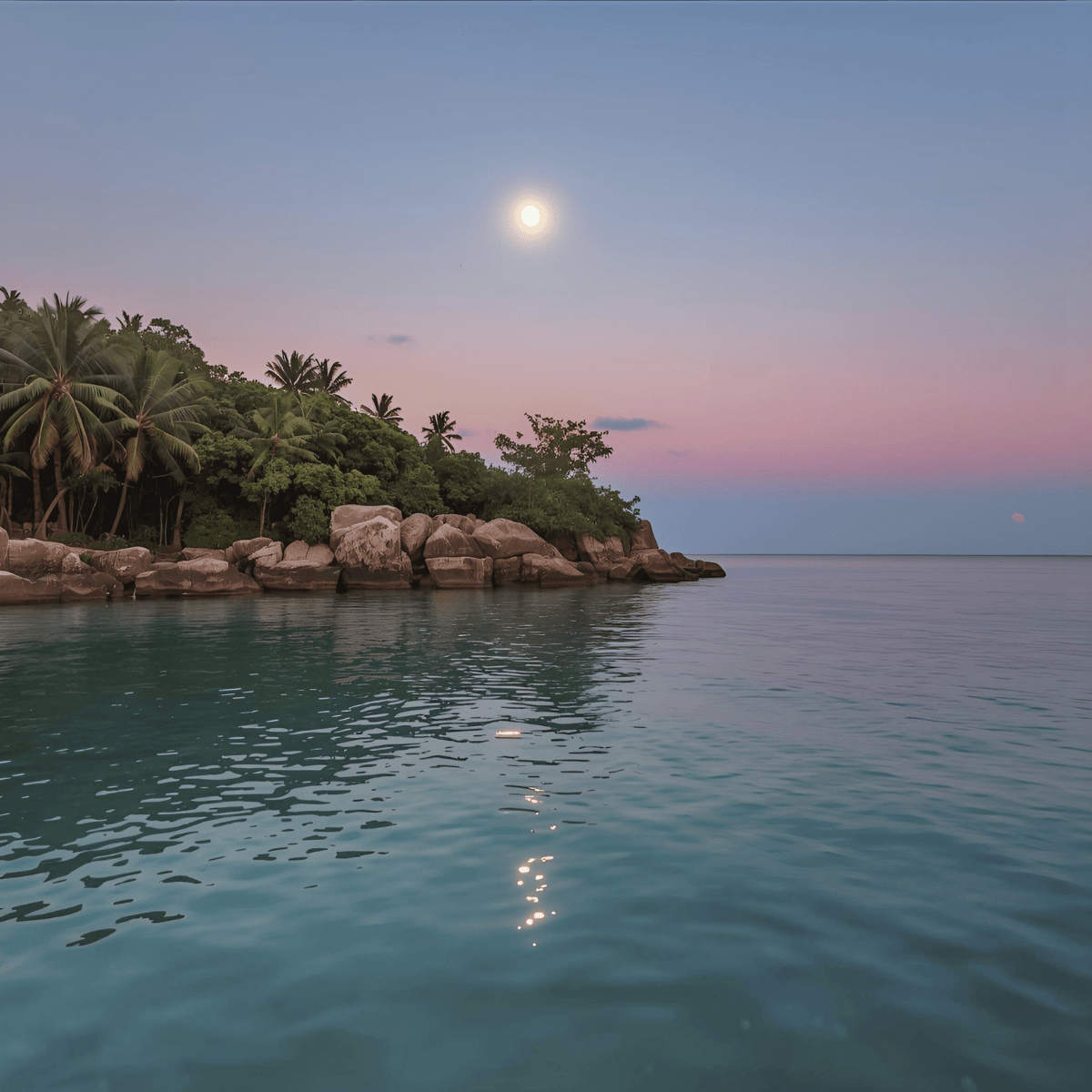 Tropical island at dusk with moon rising representing widowhood spiritual emergency and the passage through grief and identity loss after spouse death