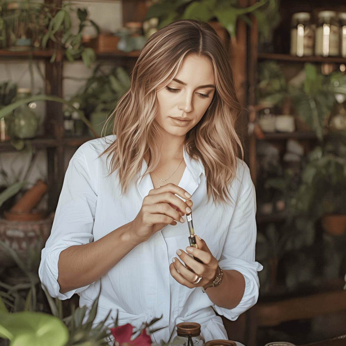 Woman working with plant allies and essential oils representing daily plant practices for nervous system support during spiritual emergency and crisis
