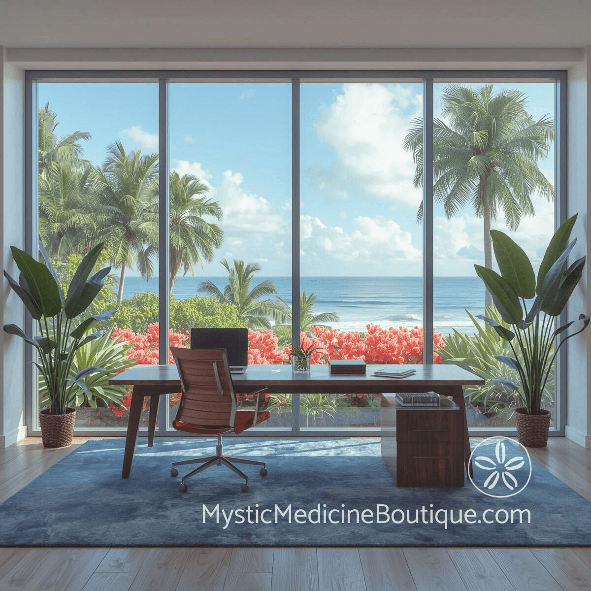 Bright modern office with ocean view and tropical plants representing the protected peaceful workspace that psychic protection makes possible