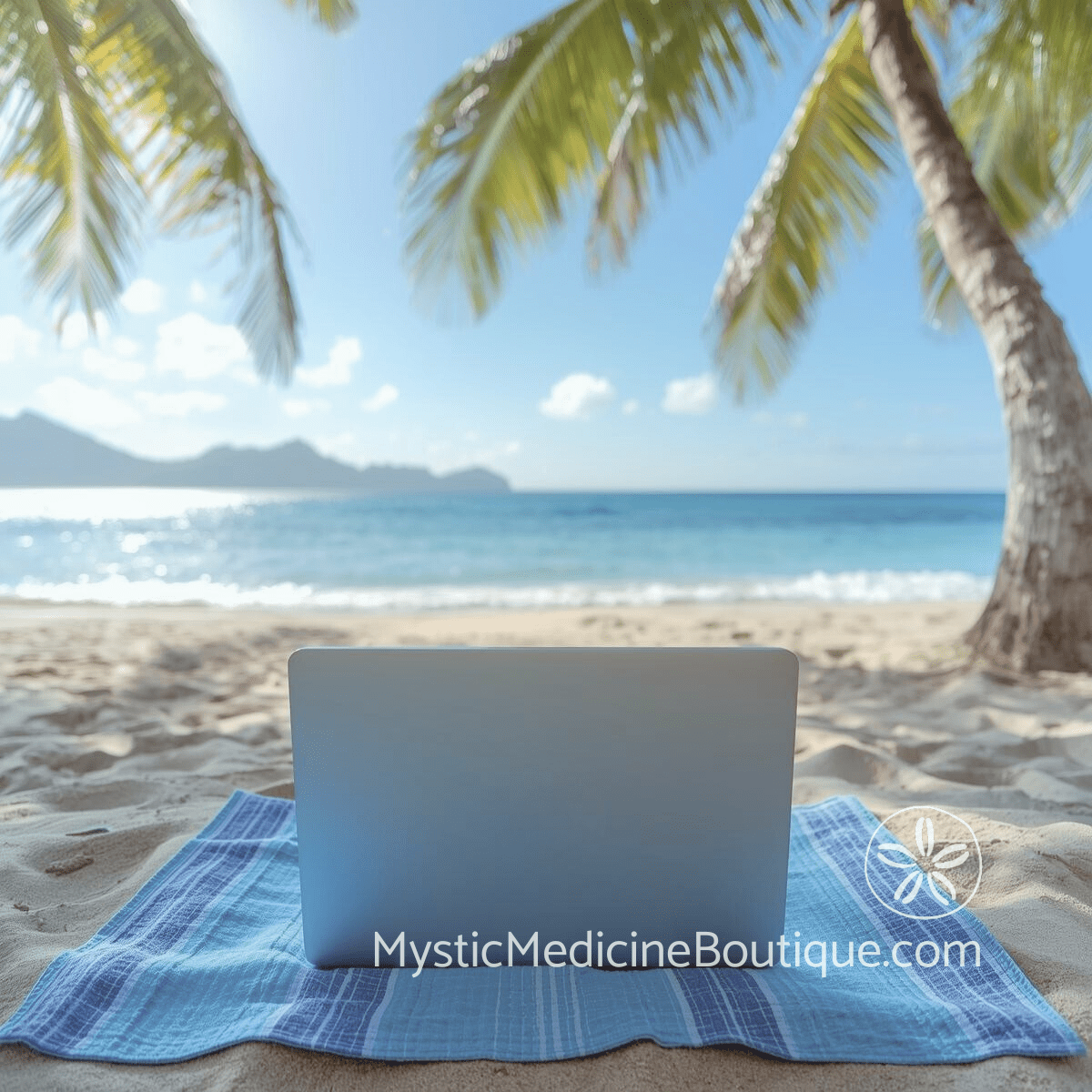 Laptop on beach blanket under palms — workplace spiritual boundaries protecting energy while maintaining professional career